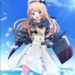  aiming blonde_hair blue_eyes blue_sailor_collar blue_sky cannon cloud commentary_request cowboy_shot day dress eyebrows_visible_through_hair gloves hat highres jervis_(kantai_collection) kantai_collection long_hair looking_at_viewer machinery open_mouth outdoors ponpu-chou rigging sailor_collar sailor_dress sailor_hat short_sleeves sky solo torpedo torpedo_launcher turret white_dress white_gloves white_hat 