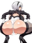  1girl ass back back_opening backboob black_dress black_hairband blindfold boots breasts dress feather-trimmed_sleeves hairband high_heel_boots high_heels huge_ass huge_breasts juliet_sleeves leotard long_sleeves nier_(series) nier_automata puffy_sleeves ribbed_dress silver_hair skirt solo squatting thigh_boots thighhighs thighhighs_under_boots thighs tongue tongue_out underwear white_leotard yorha_no._2_type_b 