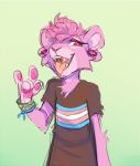  clothing devil_horns ear_piercing fangs feline female flat_chested fur gesture head_tuft lion mammal open_mouth pawpads piercing pink_eyes pink_fur ruemaw sex_education_lioness_(character) shirt solo tongue tongue_out wristband 