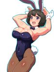  :d animal_ears arms_up bare_shoulders blue_leotard blue_neckwear blue_outline blush body_blush bow bowtie breasts brown_hair brown_legwear bunny_ears bunny_girl bunny_pose bunny_tail bunnysuit cleavage commentary_request covered_navel cowboy_shot detached_collar fishnet_legwear fishnet_pantyhose fishnets flying_sweatdrops fukurou_(owl222) hands_up highres large_breasts legs_together leotard looking_at_viewer major major_2nd open_mouth outline pantyhose shimizu_kaoru short_hair simple_background smile solo standing sweatdrop tail upper_teeth white_background wing_collar wrist_cuffs 