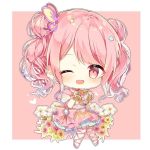  ;d bang_dream! bow brooch butterfly_hair_ornament chibi choker cross-laced_footwear double_bun dress earrings flower hair_ornament heart jewelry knees_together_feet_apart looking_at_viewer maruyama_aya one_eye_closed open_mouth outline pink_background pink_bow pink_choker pink_dress pink_eyes pink_footwear pink_hair short_hair smile solo star star_hair_ornament taya_5323203 twintails white_outline 