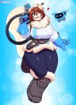  &lt;3 2018 3mangos anthro breasts brown_eyes brown_hair clothed clothing cosplay digital_media_(artwork) female freckles hair hairpin hi_res holding_object holding_weapon looking_at_viewer mammal mei_(overwatch) on_one_leg one_eye_closed open_mouth open_smile overwatch pudding_(jakkid13) rodent short_hair signature smile solo squirrel standing url video_games weapon wink 
