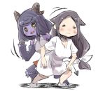  :3 :d bangs blush bow brown_hair choo_choo_train closed_eyes closed_mouth collared_shirt commentary_request curled_horns demon_girl demon_horns demon_tail dress eyebrows_visible_through_hair fur grey_shirt hair_bow hooves horns long_hair low-tied_long_hair monster_girl multiple_girls open_mouth original parted_bangs puffy_short_sleeves puffy_sleeves purple_hair sharp_teeth shirt short_sleeves sidelocks sleeveless sleeveless_shirt smile standing tail teeth u-non_(annon'an) very_long_hair white_background white_bow white_dress yellow_eyes 