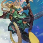  animal_ears atalanta_(fate) battle boots bow_(weapon) cat_ears cat_tail commentary dress fate/apocrypha fate/grand_order fate_(series) gloves gradient_hair green_dress green_eyes green_hair hair_lift highres holding holding_bow_(weapon) holding_weapon jumping long_hair multicolored_hair open_mouth picube525528 puffy_sleeves sky tail thigh_boots thighhighs two-tone_hair weapon 