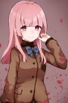  &gt;:) amari_misao bangs blazer blue_bow blunt_bangs bow brown_jacket eyebrows_visible_through_hair fate/extra fate_(series) highres hime_cut jacket long_hair long_sleeves looking_at_viewer mole mole_under_mouth petals pink_eyes pink_hair solo straight_hair takae_(poupee_en_biscuit) 