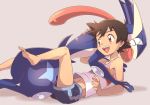  ameiro_pk barefoot black_hair brown_eyes commentary_request feet full_body gen_6_pokemon greninja long_tongue open_mouth pokemon pokemon_(anime) pokemon_(creature) satoshi_(pokemon) smile tank_top tongue 