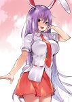  asuzemu bad_id bad_twitter_id blush breasts bunny_ears long_hair necktie open_mouth purple_hair red_eyes red_neckwear reisen_udongein_inaba shirt short_sleeves skirt touhou very_long_hair 