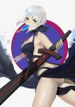  absurdres armpits artoria_pendragon_(all) artoria_pendragon_(swimsuit_rider_alter) ass backless_outfit bangs bare_shoulders black_ribbon blonde_hair braid breasts cleavage collar commentary_request dark_excalibur fate/grand_order fate_(series) food food_in_mouth french_braid gothic_lolita hair_bun highres holding holding_sword holding_weapon ice_cream_bar lace lolita_fashion looking_to_the_side maid_bikini navel_cutout ribbon sakupannda06o silver_hair solo sword weapon yellow_eyes 