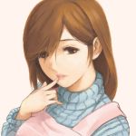  apron artist_request bangs brown_eyes brown_hair eyelashes finger_to_mouth hair_over_one_eye lips lowres parted_bangs parted_lips portrait ribbed_sweater shinken-zemi solo sweater turtleneck turtleneck_sweater zemi_mama 