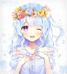  ;d bang_dream! bangs blue_hair character_name collarbone dated eyebrows_visible_through_hair flower frilled_shirt_collar frilled_sleeves frills hands_on_own_chest happy_birthday head_wreath jellyfish light_blue_hair long_hair looking_at_viewer matsubara_kanon off-shoulder_shirt one_eye_closed one_side_up open_mouth purple_eyes rose shirt smile solo sparkle star taya_5323203 tearing_up tears upper_body water_drop white_shirt 
