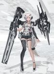  black_legwear black_shorts bridal_gauntlets cancell commentary elbow_gloves full_body gloves headgear highres long_hair looking_at_viewer mecha_musume original pigeon-toed revision science_fiction short_shorts shorts single_thighhigh solo standing thighhighs weapon white_eyes white_hair 