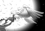  bangs blunt_bangs commentary dutch_angle feathers from_side fur_collar glowing greyscale halftone hands_together head_wings jacket japanese_crested_ibis_(kemono_friends) kaya_(nari1-24) kemono_friends long_sleeves monochrome open_mouth short_hair shouting solo spot_color spread_wings yellow_eyes 