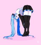  alternate_eye_color alternate_hair_color artist_logo artist_name bent_over black_footwear black_skirt black_sleeves blue_eyes blue_hair boots commentary detached_sleeves full_body grey_shirt hatsune_miku high_heel_boots high_heels leaning_forward long_hair long_sleeves pink_background pleated_skirt shari_cote shirt simple_background skirt sleeveless sleeveless_shirt solo thigh_boots thighhighs twintails very_long_hair vocaloid 