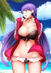  bangs bikini blue_eyes blunt_bangs blush breasts choker cleavage cross cross_necklace earrings fate/grand_order fate_(series) frilled_bikini frills jewelry large_breasts long_hair navel necklace open_mouth purple_hair saint_martha saint_martha_(swimsuit_ruler)_(fate) solo straight_hair swimsuit tobimura very_long_hair 