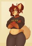  annoyed bandanna bearra canine clothing crop_top crossed_arms dog eyewear female fluffy fluffy_tail glasses legwear looking_at_viewer mammal shirt solo sweater tied_hair yoga_pants 