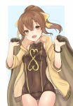  1girl akina_(akn_646) bow breasts brown_eyes brown_hair covered_navel dyute_(fire_emblem) fire_emblem fire_emblem_echoes:_mou_hitori_no_eiyuuou hair_bow long_hair nintendo one-piece_swimsuit open_clothes open_mouth ponytail simple_background small_breasts solo swimsuit 