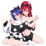  abs animal_ears bare_shoulders black_choker black_shirt black_skirt blue_eyes blue_hair blush breasts chain choker cleavage closed_mouth crop_top doremy_sweet dress earrings eyebrows_visible_through_hair hecatia_lapislazuli jewelry kuroba_rapid long_hair multiple_girls off-shoulder_shirt polos_crown pom_pom_(clothes) red_eyes red_hair shirt simple_background sitting skirt socks sweatdrop tail tapir_ears tapir_tail tongue tongue_out touhou white_background white_legwear 