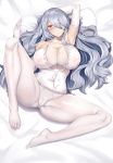  absurdres arm_up armpits bare_shoulders bed_sheet blush bra breasts chiyo_goya choker closed_mouth collarbone commentary covered_nipples elbow_gloves eyebrows_visible_through_hair full_body girls_frontline gloves highres huge_breasts long_hair looking_at_viewer lying no_shoes on_back on_bed panties panties_under_pantyhose pantyhose pillow pillow_grab pk_(girls_frontline) red_eyes silver_hair solo spread_legs underwear very_long_hair white_bra white_choker white_gloves white_legwear white_panties white_pillow 