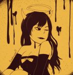  absurdres alice_angel bendy_and_the_ink_machine black_dress black_hair bow dress halo heart highres horns ink long_hair one_eye_closed rinday00 sepia_background video_game 
