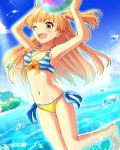  arms_up artist_name ball barefoot beach beachball bikini blonde_hair blue_sky day dutch_angle front-tie_top groin idolmaster idolmaster_cinderella_girls jewelry jougasaki_rika long_hair mismatched_bikini muraiaria navel necklace outdoors side-tie_bikini sky solo star striped_bikini_top swimsuit teeth two_side_up water yellow_bikini_bottom yellow_eyes 