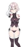  arm_up bandaged_arm bandages bangs bare_shoulders black_gloves black_legwear black_panties black_shirt blush breasts closed_mouth commentary eyebrows_visible_through_hair facial_scar fate/apocrypha fate/grand_order fate_(series) gloves grey_eyes groin hair_between_eyes hand_on_own_head head_tilt highres jack_the_ripper_(fate/apocrypha) looking_at_viewer mizoredama navel panties scar scar_across_eye scar_on_cheek shirt shoulder_tattoo silver_hair single_glove sleeveless sleeveless_shirt small_breasts smile solo tattoo thighhighs underwear 