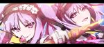  :d :p absurdres arrow bangs black_hairband blurry blurry_foreground blush bow_(weapon) bridal_gauntlets closed_mouth depth_of_field euryale eyebrows_visible_through_hair fate/grand_order fate/hollow_ataraxia fate_(series) flower frilled_hairband frills hair_between_eyes hairband head_tilt heart heart_arrow highres holding holding_arrow holding_bow_(weapon) holding_weapon index_finger_raised jewelry letterboxed long_hair looking_at_viewer multiple_girls open_mouth parted_bangs pink_eyes protected_link purple_eyes purple_hair ribbon-trimmed_hairband ribbon_trim rose sketch smile stheno tongue tongue_out twintails upper_teeth wada_kazu weapon white_flower white_hairband white_rose 