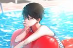  black_hair blue_eyes child commentary_request free! hana_bell_forest inflatable_toy looking_at_viewer male_focus nanase_haruka_(free!) pool solo tank_top water younger 