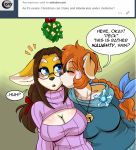  anthro big_breasts black_nose blue_eyes breasts brown_hair canine claire_(skidd) cleavage cleavage_cutout clothed clothing dialogue dog english_text eyes_closed eyewear female female/female fox fur glasses hair kibbles mammal orange_hair skidd text tumblr uberquest yellow_fur 