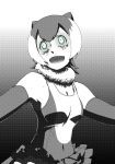  animal_ears bags_under_eyes bangs breasts cleavage commentary covered_navel crazy_eyes crazy_smile dress elbow_gloves fur_collar gloves green_eyes greyscale halftone highres kaya_(nari1-24) kemono_friends layered_dress looking_to_the_side medium_breasts monochrome open_mouth otter_ears short_hair sleeveless sleeveless_dress small-clawed_otter_(kemono_friends) solo spot_color upper_body 