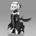  :d black_gloves breasts cancell cleavage covered_navel detached_sleeves gloves highres looking_at_viewer open_mouth original red_eyes short_hair small_breasts smile solo teeth white_hair 