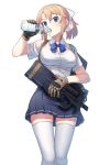  blonde_girl_(itou) blonde_hair blue_eyes breasts bullpup commentary_request gloves gun highres itou_(onsoku_tassha) original p90 ponytail school_uniform short_hair skirt solo submachine_gun thighhighs weapon 