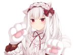  amashiro_natsuki animal_ears bangs blouse blush breasts cat_ears cat_girl cat_tail commentary_request gloves hairband lolita_hairband long_hair looking_at_viewer original paw_gloves paws red_eyes sidelocks simple_background small_breasts solo tail twintails upper_body white_background white_hair 