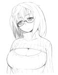  breasts cleavage commentary_request glasses greyscale large_breasts looking_away medium_hair meme_attire monochrome moru_(monaka) open-chest_sweater original ribbed_sweater simple_background solo sweatdrop sweater thick_eyebrows turtleneck turtleneck_sweater upper_body white_background 