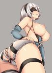  ass bare_shoulders black_blindfold blindfold breasts cosplay cowboy_shot from_below grey_background hairband highres kaine_(nier) kaine_(nier)_(cosplay) kaorihero large_breasts lingerie negligee nier_(series) nier_automata nipples open_mouth panties short_hair silver_hair simple_background solo thighs underwear white_panties yorha_no._2_type_b 