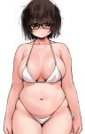  arms_at_sides bare_arms bare_shoulders bikini breasts brown_eyes brown_hair eyebrows_visible_through_hair glasses large_breasts looking_to_the_side moru_(monaka) navel original plump short_hair simple_background solo standing sweatdrop swimsuit thick_eyebrows white_background white_bikini 