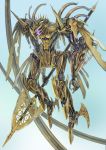  fantasy glowing glowing_eyes gradient gradient_background holding holding_polearm holding_weapon mecha metal_wings no_humans original polearm purple_eyes shoulder_spikes simple_background spikes spine weapon wings yutori_(clockwork_chicken) 