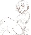  breasts crossed_legs eyebrows_visible_through_hair glasses long_sleeves looking_at_viewer medium_breasts moru_(monaka) original parted_lips ribbed_sweater short_hair short_shorts shorts simple_background sitting sketch solo sweater thick_eyebrows thighhighs turtleneck turtleneck_sweater white_background 