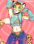 2018 anthro ash_(ashkelling) brown_fur brown_hair clothed clothing digital_drawing_(artwork) digital_media_(artwork) feline fur gerudo_outfit hair hypnosis kaitycuddle leopard male mammal mind_control nintendo open_mouth simple_background solo spiral_eyes spots standing the_legend_of_zelda video_games 