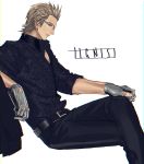  animal_print black_pants brown_hair final_fantasy final_fantasy_xv glasses gloves hair_slicked_back hand_on_own_knee ignis_scientia jacket jacket_removed legs_crossed leopard_print mad369 male_focus pants profile sitting 