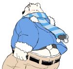  12beat13 2017 anthro bear blush butt clothing fur male mammal overweight overweight_male pants polar_bear scarf simple_background solo utau white_background white_fur 白音カン 