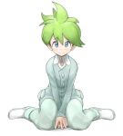  3: blue_eyes blush commentary_request full_body green_hair looking_at_viewer male_focus mitsuru_(pokemon) okitsugu pokemon pokemon_(game) pokemon_oras sitting solo tears wariza 