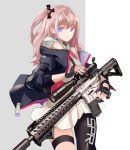  ar-15 black_gloves black_jacket black_legwear blue_eyes brown_hair cancell cowboy_shot fingerless_gloves girls_frontline gloves grey_background gun hair_ornament highres holding holding_gun holding_weapon jacket legband long_sleeves looking_at_viewer multicolored_hair off_shoulder one_side_up open_clothes open_jacket purple_eyes rifle scope simple_background single_thighhigh skirt sniper_rifle solo st_ar-15_(girls_frontline) standing thighhighs weapon white_skirt 
