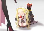  2girls arms_behind_back artist_request ball_gag bdsm blonde_hair blush bondage cleavage collar earrings femdom gold_eyes heels lying maid_headdress open_mouth out_of_frame saliva shadow shibari teeth white_background yuri 