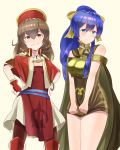  bare_shoulders blue_eyes blue_hair blush bow bracelet breastplate brown_eyes brown_hair cape cosplay costume_switch dress dyute_(fire_emblem) dyute_(fire_emblem)_(cosplay) fang fire_emblem fire_emblem:_fuuin_no_tsurugi fire_emblem_echoes:_mou_hitori_no_eiyuuou fire_emblem_heroes hair_bow hands_on_hips hat highres hirotaka_(hrtk990203) jewelry lilina lilina_(cosplay) long_hair multiple_girls ponytail simple_background white_background 