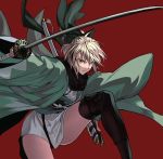  black_bow black_legwear black_scarf bow brown_hair commentary_request derivative_work fate/grand_order fate_(series) hair_between_eyes hair_bow highres holding holding_sword holding_weapon japanese_clothes katana kimono looking_at_viewer okita_souji_(fate) okita_souji_(fate)_(all) qian_yuan red_background scarf sheath solo sword thighhighs weapon wide_sleeves yellow_eyes 