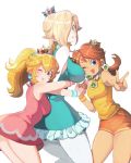  ;) ;d alternate_costume bad_id bad_pixiv_id bare_legs blonde_hair blue_eyes blush breasts brooch commentary_request crown dress earrings frilled_dress frills girl_sandwich hair_over_one_eye holding_hands hug hug_from_behind jewelry large_breasts lips looking_at_viewer mario_(series) mario_tennis medium_breasts mini_crown multiple_girls omochi_(glassheart_0u0) one_eye_closed open_mouth pantyhose partial_commentary ponytail princess princess_daisy princess_peach rosetta_(mario) sandwiched short_dress short_shorts shorts simple_background sleeveless sleeveless_dress small_breasts smile super_mario_bros. super_mario_galaxy thighs w white_background wristband 