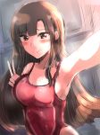  arm_up armpits bad_id bad_pixiv_id blush breasts brown_eyes brown_hair cleavage competition_swimsuit highres idolmaster idolmaster_cinderella_girls long_hair looking_at_viewer medium_breasts mizumoto_yukari omuraisu_gakudan one-piece_swimsuit outstretched_arm reaching_out self_shot sketch smile solo swimsuit upper_body v 