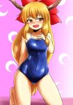  blue_swimsuit bow breasts brown_eyes chain competition_school_swimsuit d-m_(dii_emu) hair_bow highres horn_ribbon horns ibuki_suika long_hair looking_at_viewer one-piece_swimsuit oni open_mouth orange_hair ribbon school_swimsuit shiny small_breasts smile solo swimsuit touhou 