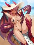  animal_ears bangs bare_shoulders beach_chair bikini black_swimsuit blue_sky blush breasts chair claws closed_mouth cloud commission cup day dragon_girl dragon_horns dragon_tail dragon_wings drink drinking_glass drinking_straw embarrassed food fruit gold_teeth hair_between_eyes hat head_fins holding holding_cup horns horns_through_headwear jabberwock_(monster_girl_encyclopedia) knee_up large_breasts long_hair looking_at_viewer micro_bikini monster_girl monster_girl_encyclopedia navel ocean orange orange_slice outdoors purple_hair red_eyes sitting skindentation sky slingshot_swimsuit slit_pupils solo sookmo sun_hat sweat swimsuit tail tentacles white_hat wings 