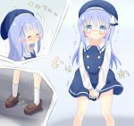  1girl 22m bangs beret between_legs blue_background blue_hair blue_hat blue_skirt blue_vest blush brown_footwear closed_mouth embarrassed eyebrows_visible_through_hair eyes_closed female gochuumon_wa_usagi_desu_ka? hair_ornament hairclip hand_between_legs hands_together hat have_to_pee japanese_text kafuu_chino long_hair long_sleeves multiple_views nose_blush peeing peeing_self school_uniform shiny_hair shirt shoes simple_background skirt socks solo standing translation_request trembling uniform v_arms vest wavy_mouth wet_clothes white_legwear white_shirt x_hair_ornament 